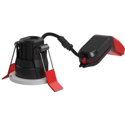 Ansell Lighting Prism Pro Mini DL hvid miniature downlight med 5W, 450lm og 60° spredningsvinkel, vist med monteringsclips og ekstern driver.