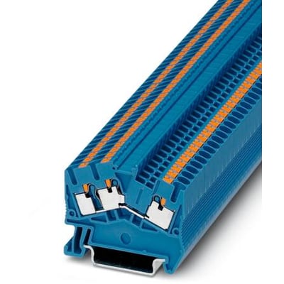 Blå gennemgangsklemme Phoenix Contact PTS 2,5-TWIN BU set skråt med synlige push-in-tilslutninger.