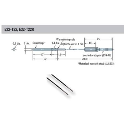 Teknisk tegning af Omron E32-T22 fiberoptisk sensorhoved med dimensioner for sensorhoved, fiber og kabel. Mål i mm.