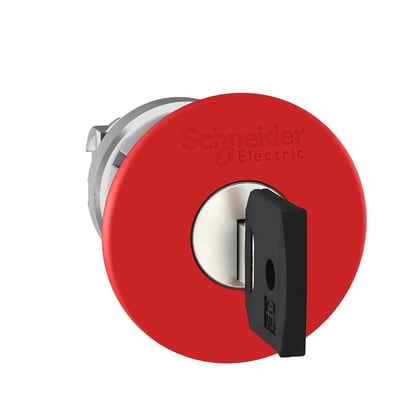 Nærbillede af Schneider Electric nødstop knap, der viser den røde Ø40 mm hoved med Ronis 421E nøgle og brandlogo på hvid baggrund.