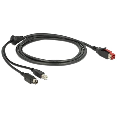 Sort DeLock PoweredUSB-kabel med 24 V-stik, USB Type-B-stik og trebenet Hosiden Mini-DIN-stik, lagt i en løkke.