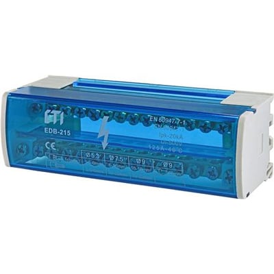 Elektrisk distributionsblok EDB-215 2-polet, 125A med blå transparent dæksel og hvide endestykker, med synlige skrueterminaler og specifikationer.