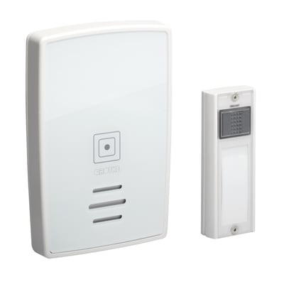 Grothe Polo 100 trådløs ringeklokke og tryk i hvid plast med LED-indikator og 36 toner, op til 250m rækkevidde.