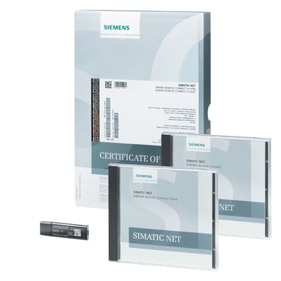 Siemens SIMATIC NET SINEMA Remote Connect Client software-pakke med to CD'er, et certifikat og en USB-nøgle.