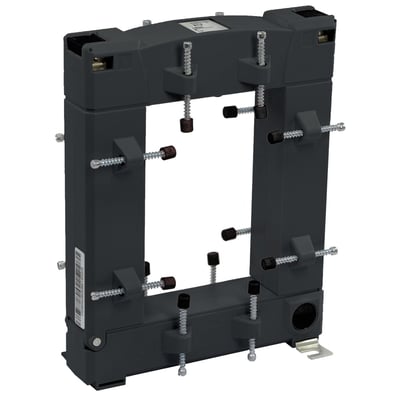 Sidevisning af Schneider Electric CT Split Core GG strømtransformer til skinne, 1250A/5A, mørkegrå, med tydelige monteringsdetaljer.