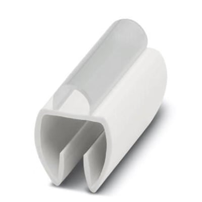 Nærbillede af Phoenix Contact PATO 3/15 skilteholder, der viser dens påklipsningsmekanisme og hvide materiale.