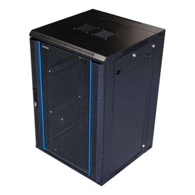 Toten 19” vægmonteret kabinet med 18U i sort, 600x600 mm, med glasdør og synlige ventilationshuller på toppen.