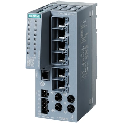 Siemens Scalance XC206-2 industriel Ethernet switch med 6 RJ45 og 2 ST/BFOC porte, samt diagnostik LED'er.