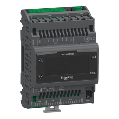 Schneider Electric Modicon M171 logisk kontroller med display, viser 22 I/O, kommunikationsporte og terminaler.
