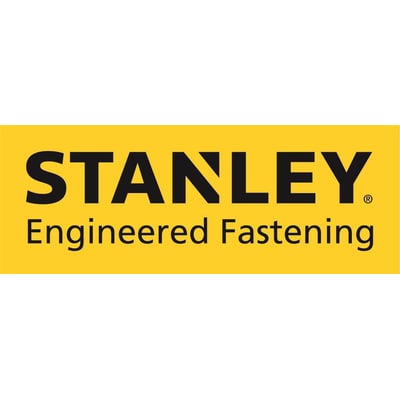Stanley logo med sort tekst "STANLEY Engineered Fastening" på gul baggrund.