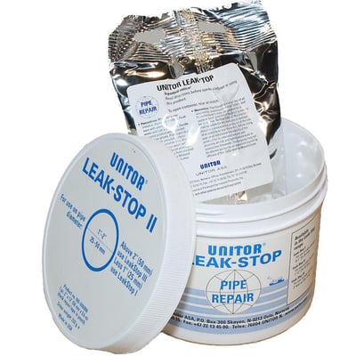 Unitor Leak-Stop II rørreparationsbandage på 50mm x 1,2m, præsenteret i sin emballage og beholder, klar til brug.