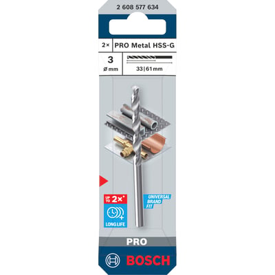 Bosch HSS-G metalbor på emballage, med spiralformet bor vist forfra; pakken indeholder 2 stk. på 3,0 x 61 mm.