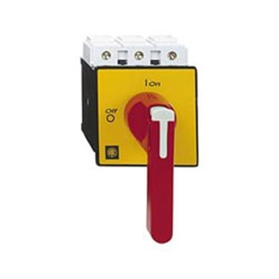 Schneider Electric sikkerhedsafbryder med synlig 'ON' og 'OFF' mærkning på den gule frontplade og et rødt, aflåseligt drejegreb.