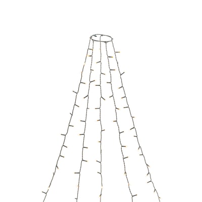 En del af Konstsmide juletræskæden med 150 LED-lys, der danner en kegleform mod en hvid baggrund.