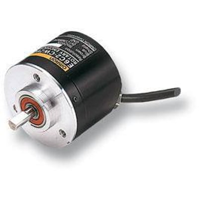 Omron E6C2-CWZ6C inkrementel encoder med 60 pulser, 5-24 VDC og 2 meter kabel, vist med aksel og NPN-udgangskabel.