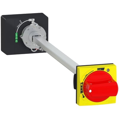 Schneider Electric drejegreb i rød og gul, vist med aksel og indikation for ON, OFF og Trip/Reset funktioner.