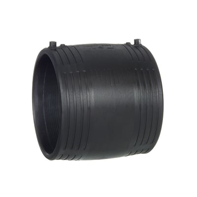 Georg Fischer ELGEF Plus EL-svejsemuffe i sort PE100 materiale med 75 mm diameter og SDR11. Den viser svejseindikator og centerstop.