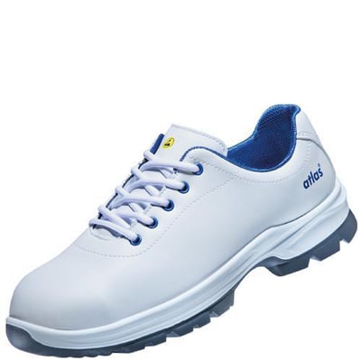 Atlas sikkerhedssko CL 20 2.0 ESD i størrelse 36, med hvidt CLEANLINE overmateriale og blå detaljer.