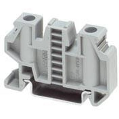 Phoenix Contact endeholder E/UK-NS 35 i grå plast, 10 mm bred, designet til 2- og 3-etagesklemmer.