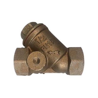Bronzefarvet snavssamler i 1 1/4" med 1/2 PN16 markering og pil der viser strømningsretning.