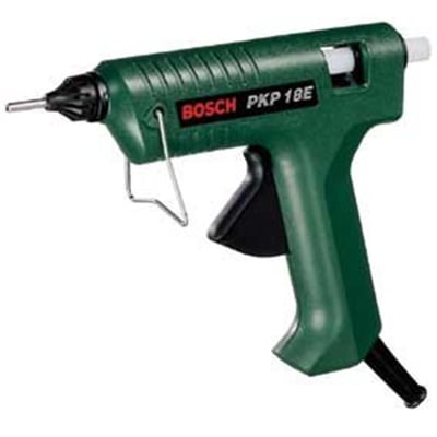 Bosch PKP 18 E limpistol set fra siden med Bosch logo og PKP 18 E mærkat tydeligt synligt på den mørkegrønne krop.