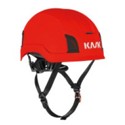 Rød Kask Zenith X Max sikkerhedshjelm med sort justerbar hagerem og ventilationsåbninger.