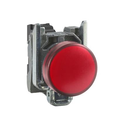 Schneider Electric robust signallampe med rød LED og metalhus, 110-230VAC, vist fra siden med fokus på monteringsmekanismen.