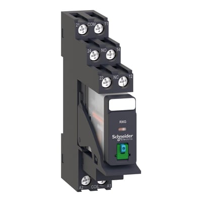 Sidebillede af Schneider Electric RXG relæ med sokkel, visende de separate terminaler og testknappen med mekanisk indikator.