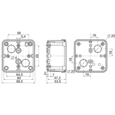 Teknisk tegning af Schneider Electric Thalassa TBS ABS kasse 80x80x45mm med gråt låg, viser dimensioner og monteringsdetaljer for IP66-klassificeret kabinet.
