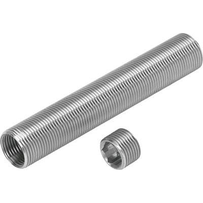 Festo reducerbøsning DAYH-5, størrelse 5, fremstillet i metal med synlige gevind og en separat endekappe med sekskant.