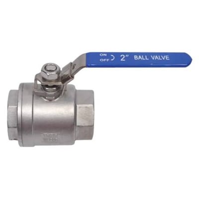 Robust 2-delt kuglehane i rustfrit/syrefast stål med 3/4 tomme tilslutning og blåt håndtag med "ON/OFF" markering.