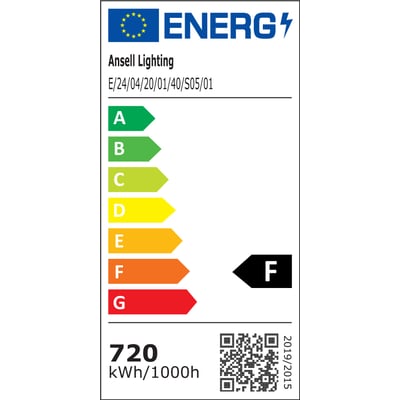 Energimærkat for Ansell Lighting E-Cell Eco LED strip, viser energiklasse F og 720 kWh/1000h.