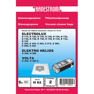 Hanestrom støvsugerposer passer til Electrolux D 720-D 740 modeller, 5 poser i pakken med en illustration af støvsugeren.
