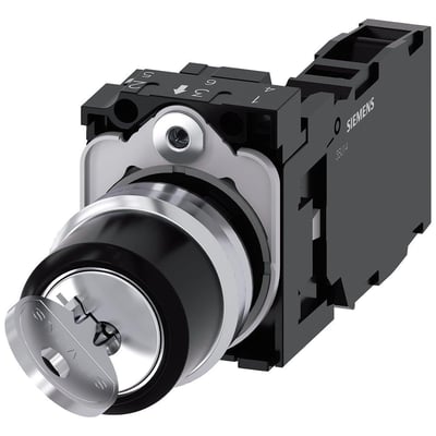 Siemens Ronis nøgleafbryder, 22mm rund i metal, med en delvist indsat nøgle og synlige kontakter bagpå.