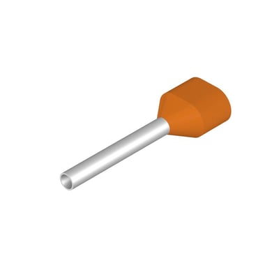 Enkelt Weidmüller terminalrør H0,5/18 ZH OR med orange plastkrave og metalrør isoleret på hvid baggrund.