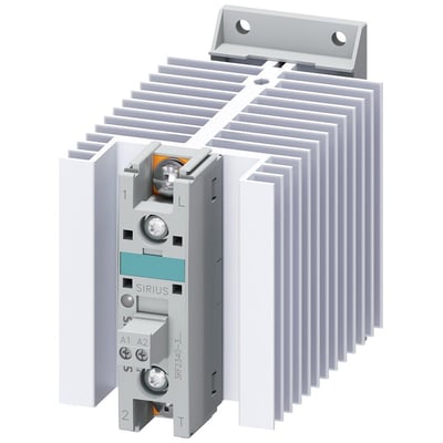 Siemens 3RF2 solid-state kontaktor med 40A strømkapacitet og integreret køleplade i grå og hvid.