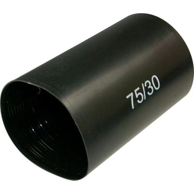 Et nærbillede af en sort Melbye krympe endehætte mærket '75/30', der viser den indvendige struktur og lim.