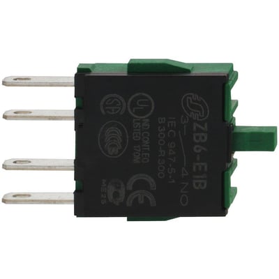 Schneider Electric ZB6E1B slutte kontaktelement med 1NO kontakt og grøn aktiveringsknap, tydeligt mærket.