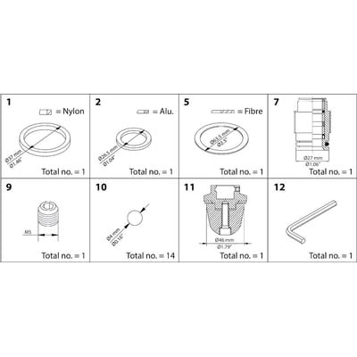 Oversigtsbillede med diagrammer af reservedele til Danfoss REG 50 vedligeholdelsessæt, der viser nylonring, aluring, fiberpakning og værktøj.