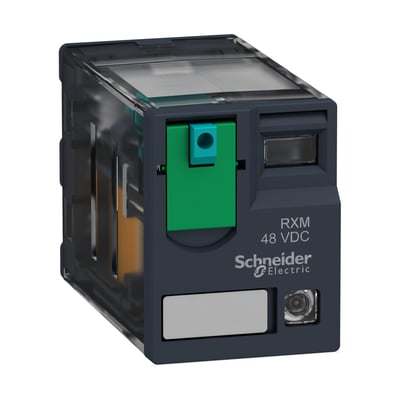 Schneider Electric Zelio RXM stikbensrelæ med 2 CO kontakter og 48V DC spænding, vist med grøn testknap og LED-indikator.