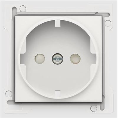 Niko hvid afdækning til schuko stikkontakt med pillesikring og sidejord, vist forfra på hvid baggrund.