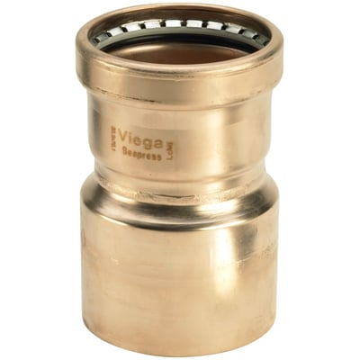 Viega Seapress reduktion i messing, viser 88,9 mm og 76,1 mm dimensioner, ideel til havvand.