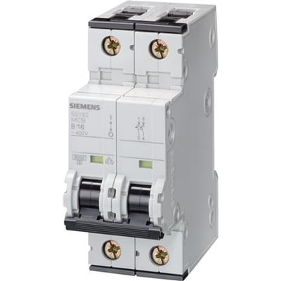 Siemens SENTRON 5SY6263-6 automatsikring med to poler og to sorte vippekontakter, set forfra og fra siden.