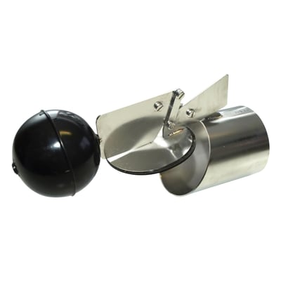 HF 160 mm rustfrit tilbageløbsstop med sort svømmer og klapfunktion, fremstillet i poleret rustfrit stål til drænvand.