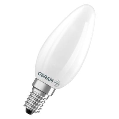 Osram LED kertepære Classic med E14 sokkel, 3,4W effekt og mat hvid overflade med Osram logo.