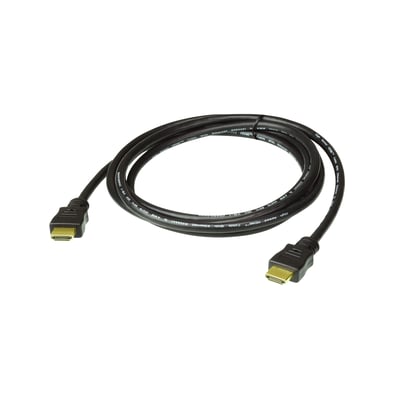 Aten HDMI 2.0-kabel på 5 meter, rullet sammen med sorte ledninger og guldfarvede hanstik i begge ender.