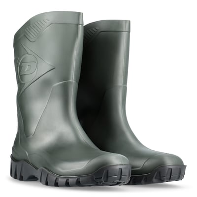 Dunlop Dee gummistøvle 580011 i størrelse 46, fremstillet af grønt gummi med kraftig ydersål og synligt Dunlop logo.