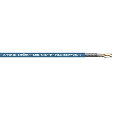 Lapp ETHERLINE FD P Cat.5e kabel med 2x2x26/19AWG konstruktion, viser de afskårne ender med farvekodede ledere.