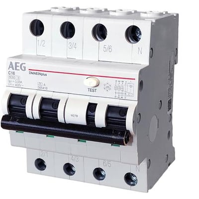 AEG kombiafbryder DMA83Nplus med 3 poler plus nul, 13A, 30mA og C karakteristik, vist på hvid baggrund.
