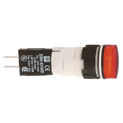 Schneider Electric rød LED signallampe Ø16 mm, model ZB6-EHOB, set fra siden med CE-mærke og tilslutningsstik.